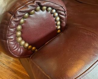 Serta brown leather stuffed chair - Chair: 34"h x 43"w x 37"d. Ottoman 13"h x 27"w x 23"d. Available for pre-sale starting 1/9/23. Text 615-854-8535 for more information and/or to arrange a time to view. Take a look at matching loveseat & couch!