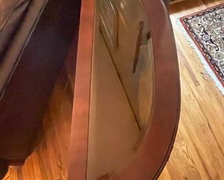 Curved wooden sofa table with glass top. 51.5"w x 27"h x 17.5"d. (Has matching coffee table and side tables.) Available for pre-sale starting 1/9/23. Text 615-854-8535 for more information and/or to arrange a time to view.