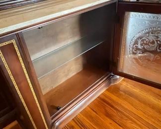 Marble-topped curio with working light. 36 wide X 28.5 high X 11 deep.  Available for pre-sale starting 1/9/23. Text 615-854-8535 for more information and/or to arrange a time to view.