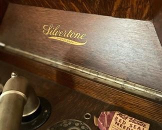 Working Vintage Silvertone (crank) record player. There are records that work with this player at the sale!