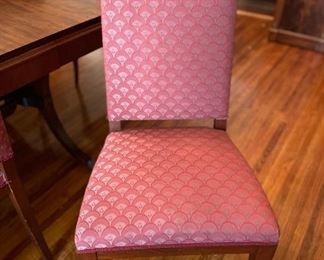 Landstrom Furniture Art deco 60-inch dining table with 3 - 11 inch leaves.  Six dining chairs and and two captains chairs apholstered in mauve/dusty rose pattern with green accent.  Has matching hutch and buffet. Available for pre-sale starting 1/9/23. Text 615-854-8535 for more information and/or to arrange a time to view.