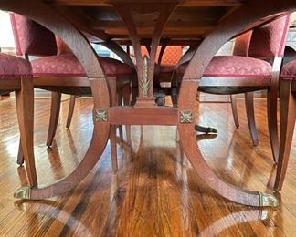 Landstrom Furniture Art deco 60-inch dining table with 3 - 11 inch leaves.  Six dining chairs and and two captains chairs apholstered in mauve/dusty rose pattern with green accent.  Has matching hutch and buffet. Available for pre-sale starting 1/9/23. Text 615-854-8535 for more information and/or to arrange a time to view.