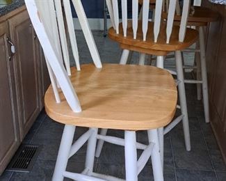 Bar-height wooden stools. 4 Light wood seats with white back and legs. Available for pre-sale starting 1/9/23. Text 615-854-8535 for more information and/or to arrange a time to view.