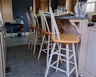 Bar-height wooden stools. 4 Light wood seats with white back and legs. Available for pre-sale starting 1/9/23. Text 615-854-8535 for more information and/or to arrange a time to view.