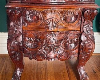 Baroque revival serpentine mahogany carved nightstand. We have a pair of these. 23.5" w x 26"h x 14"d. Available for pre-sale starting 1/9/23. Text 615-854-8535 for more information and/or to arrange a time to view.