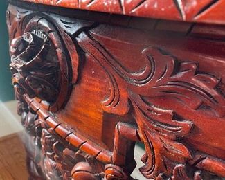 Baroque-inspired semi-circle wooden table. 48"w x 32"h x 22"d.  Available for pre-sale starting 1/9/23. Text 615-854-8535 for more information and/or to arrange a time to view.