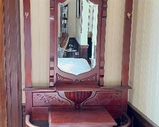 Awesome mahogany hall tree! 37.5"w x 16"d x 87"h.  Available for pre-sale starting 1/9/23. Text 615-854-8535 for more information and/or to arrange a time to view.