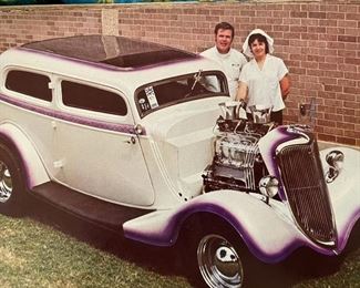 Welcome to the estate sale of Jim McPherson pictured here with one of his cars. 
While this ‘34 Ford beauty is not part of the estate sale, we wanted to show you the quality of Jim’s work to give you a feel for what his garage is like!