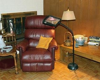 Lighted magnifying stand. Brass fireplace tool set. End tables, coffee tables. Recliner. 