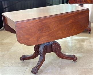 Antique Mahogany Empire Drop Leaf Table C: 1825	Top Open: 39x44.25in<BR>29x39x22.25	HxWxD

