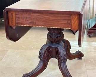 Antique Mahogany Empire Drop Leaf Table C: 1825	Top Open: 39x44.25in<BR>29x39x22.25	HxWxD
