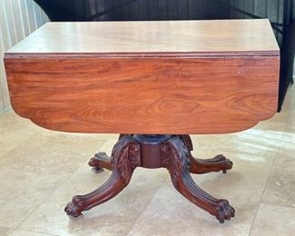 Antique Mahogany Empire Drop Leaf Table C: 1825	Top Open: 39x44.25in<BR>29x39x22.25	HxWxD
