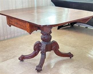 Antique Mahogany Empire Drop Leaf Table C: 1825	Top Open: 39x44.25in<BR>29x39x22.25	HxWxD
