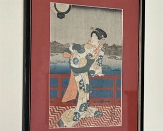 Kunisada Japanese Woodblock Print Bijin on Balcony	Frame: 20x15in	
