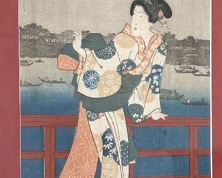 Kunisada Japanese Woodblock Print Bijin on Balcony	Frame: 20x15in	
