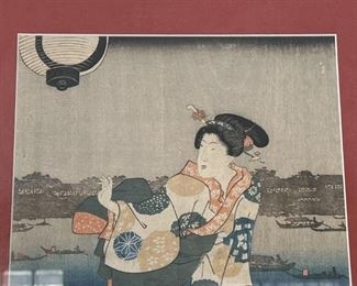 Kunisada Japanese Woodblock Print Bijin on Balcony	Frame: 20x15in	
