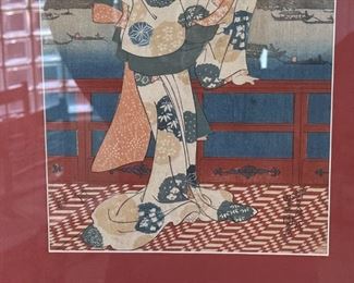 Kunisada Japanese Woodblock Print Bijin on Balcony	Frame: 20x15in	
