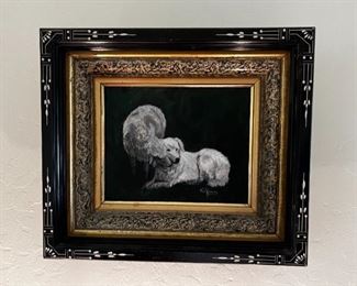 Original oil signed, Pat, Kenny, dog and sheep portrait	Frame size 13.25 inches tall 15.5 inches wide 2.5 inches deep	
