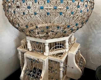 Vintage Moroccan White Blue Wood Metal Song Bird Cage	13 inches diameter 24 inches tall	
