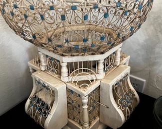 Vintage Moroccan White Blue Wood Metal Song Bird Cage	13 inches diameter 24 inches tall	
