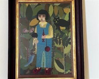 Mid Century Modern Folk Art Figure and Landscape Needlepoint Wall Artwork	32 inches x 34 inches	
