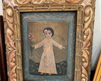 Old folk art wooden picture, girl holding flowers	14 x 12	
