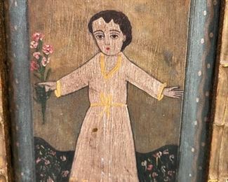 Old folk art wooden picture, girl holding flowers	14 x 12	
