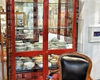 beautiful, made to order and handmade "Chinoiserie" style red lacquer display cabinet - locking doors, internally lit...L: 48.25”, W: 14.00”, H: 90.25”