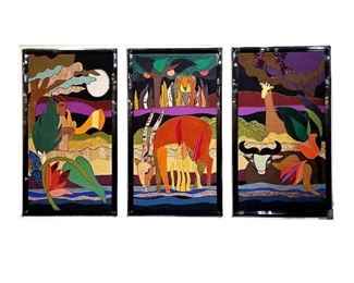 Very rare, beautiful, large-scale tapestry triptych made by famous artist Helen Weber...each tapestry beautiful framed in black enamel frame -- 3 tapestries, EACH tapestry is 70" height x 40" wide, including frame