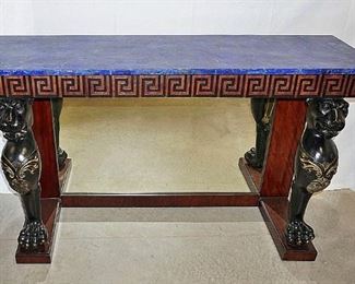 A mahogany and part-ebonised console table with lapis lazulae top in French Empire style made by expert European artisans – c 1990