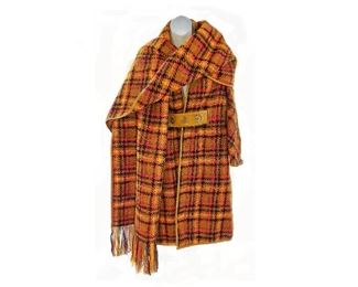 GROOVY Bonnie Cashin for Sills Autumn Color Burst Wool Plaid Coat. Turnlock Closure. w/ Ensemble Wool Shawl/Scarf. Leather Trim. VERY RARE FIND. (c1967).