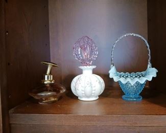 Milk glass perfume bottle blue hobnail vintage glass basket with handle