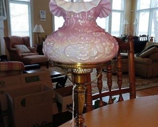 Brass base with iridescent floral glass shade