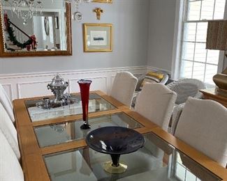 Glass top table shown with on 20" leaf.  Total length is 88".  Square mirror on wall is 54" tall by 43" wide.