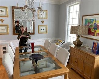 Glass top table shown with on 20" leaf.  Total length is 88".  Square mirror on wall is 54" tall by 43" wide.