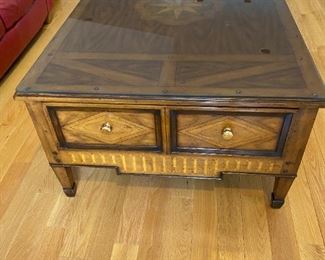 Red Leather couch 89"l by 35" deep by 34"tall.  Coffee table is 46" long, 32" wide, 20" tall.