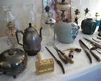 Collection of Vintage and Antique oil lamps, pottery, carving items