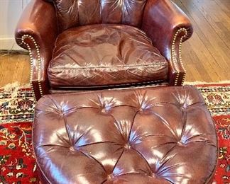 Hancock & Moore leather, tifted armchair with ottoman