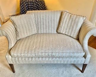 Vintage, rolled arm loveseat with stripes