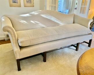Custom, vintage Sheraton style sofa with down-stuffed cushion