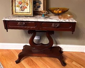 Mid 20th Century Victorian Style Mahogany Harp table w/marble top