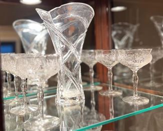 Crystal vase and 6 Vtg. etched glasses