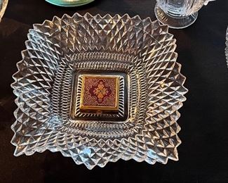 Glass bowl and Small pill box with leather insert 