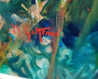 Original large oil painting on canvas by listed artist "Marcel Gatteaux", titled "Tarascon Provence". Canvas measures 4 ft. x 6 ft. with frame 56" x 80".