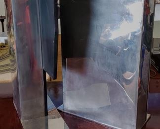 Pair of Art Deco Franz Hagenauer sculptural face chrome, nickel & copper vases or umbrella stands ? Measures approx. 21" tall by 14" wide.