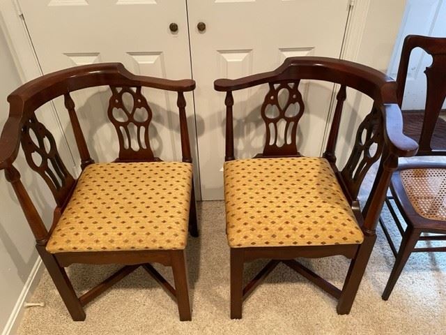 Pair of Chippendale style vintage mahogany corner chairs.