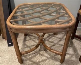 Mid-century rattan bamboo glass end table.