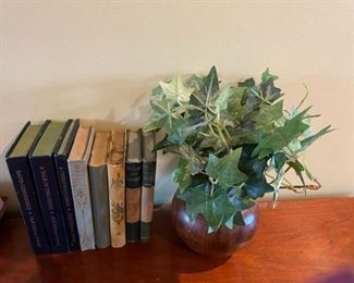 Small books and artificial potted plant.