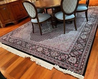 $1,740 USD       Gorgeous Hand Knotted Rich Toned Area Rug RS157-29       Description: Covered field of intricate design with fantastic contrast and subtle abrashes in the ground and border. Colors and shades include: Dark blue, ivory, pink, pale dusty blush, turquoise and more.
Condition: Very good condition.
Dimensions: 108 x 74"
Local pick up Bethesda, MD.  Located on the main floor.  Contact us for shipper suggestions.        https://goodbyhello.com/products/hand-knotted-rug-rs157-29?_pos=7&_sid=227cdf396&_ss=r