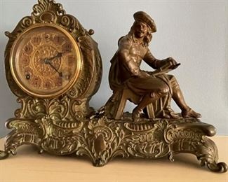 $480 - 19th Century French Mantel Clock Sculpture in Good Working Condition with Key JS45-10764                    19th Century French Mantel Clock Sculpture. The spelter has been cast with amazing detail then given a patinaed bronze finish, while the clock face and bezel was given a more gold-colored finish for contrast. The base glorifies the naturalistic form with acanthus leaves and floral sprays surrounding the clock dial. This clock is in good working order with original key.

Local Pick up Bethesda, MD.  Contact us for shipper suggestions.

This clock is in good working order with original key. Due to its' age it shows signs of wear commensurate to age and use. Please refer to photos for a more detailed look at condition. We make every attempt to list and photograph any defects or signs of wear that are significant to this sale.

Length : 16"
Width : 6"
Height : 12"
